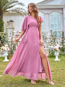 荷葉邊開衩超長雪紡連衣裙 - 紫色 - 查看 4