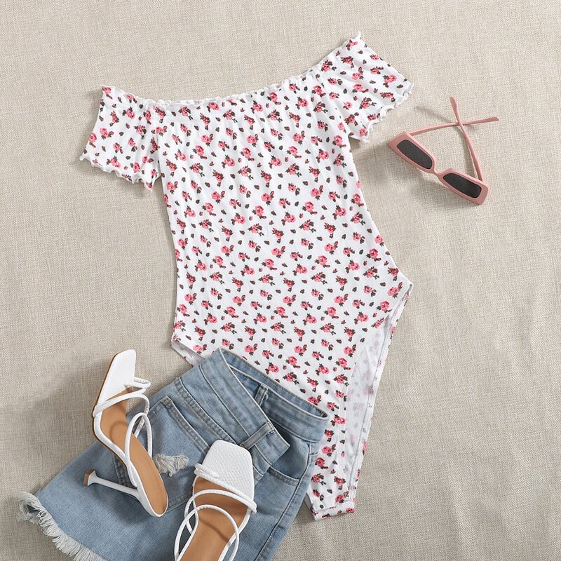 

Off Shoulder Ditsy Floral Print Bodysuit, Multicolor