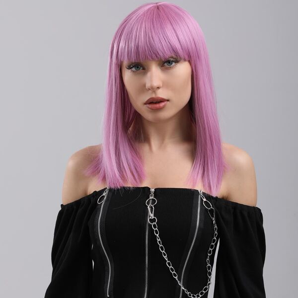 

Natural Long Straight Wig With Bangs, Mauve purple