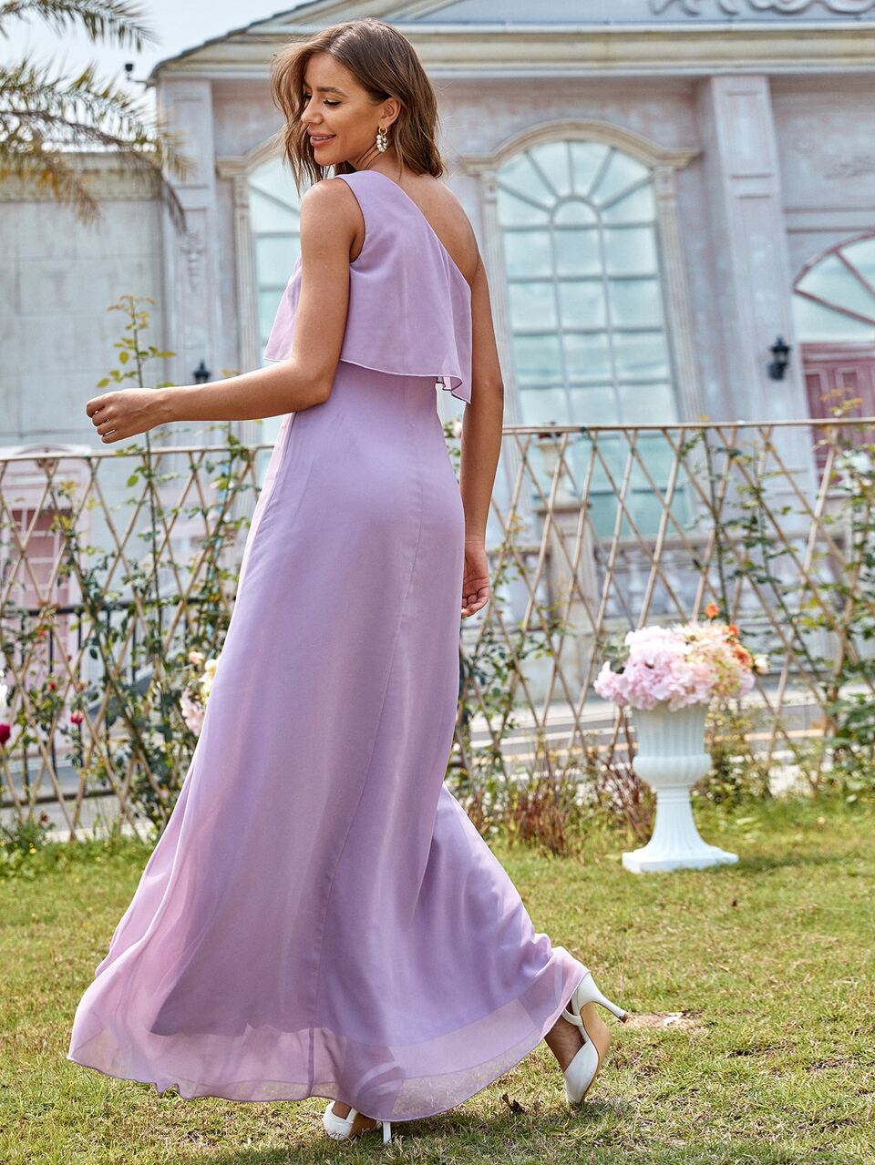 One Shoulder Ruffle Trim Chiffon Dress