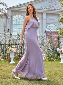 單肩荷葉邊雪紡超長連衣裙 - 紫丁香色 - 查看 3