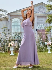 單肩荷葉邊雪紡超長連衣裙 - 紫丁香色 - 查看 5