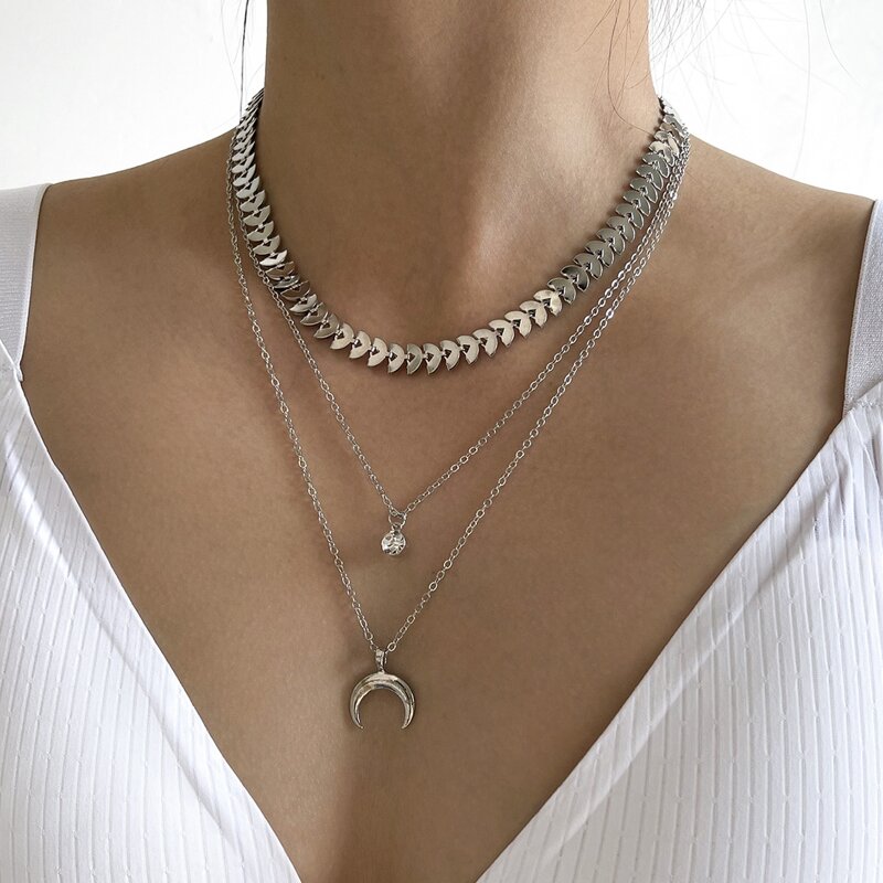 3pcs Rhinestone & Moon Charm Necklace, Silver