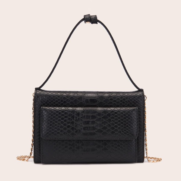 

Snake Embossed Chain Satchel Bag, Black