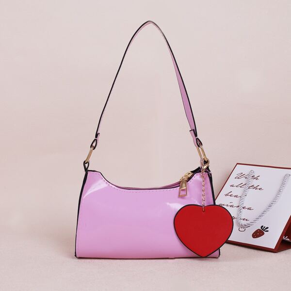 

Girls Contrast Binding Baguette Bag & Bag Charm, Pink