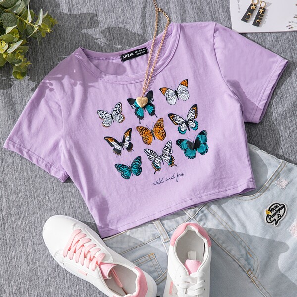 

Butterfly & Letter Graphic Crop Tee, Lilac purple