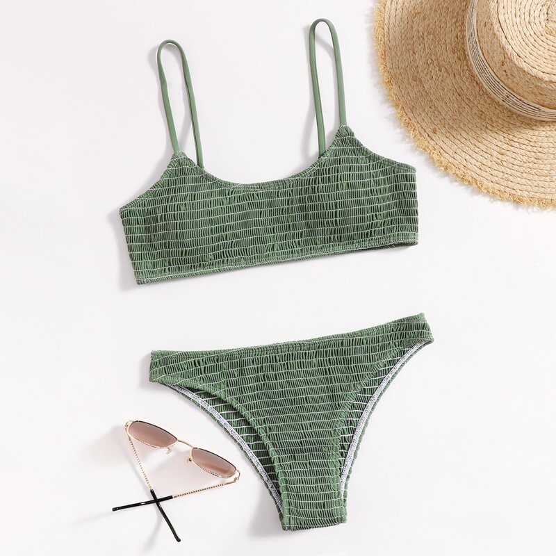 

Solid Smocked Bikini Swimsuit, Army green