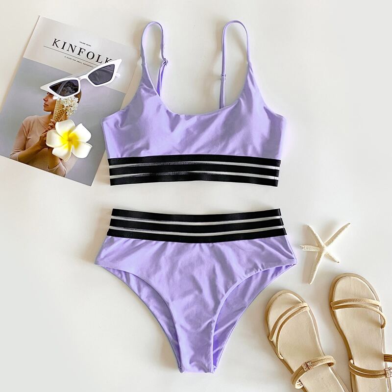 

Contrast Mesh Bikini Swimsuit, Lilac purple