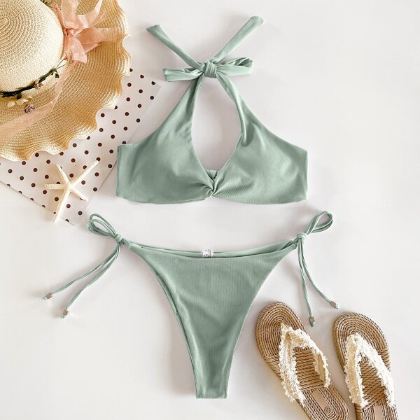 

Rib Twist Front Tie Side Bikini Swimsuit, Mint green