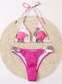 Leopard & Chain Print Smocked Thong Bikini Set - Multicolor - View 3