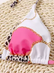 Leopard & Chain Print Smocked Thong Bikini Set - Multicolor - View 4