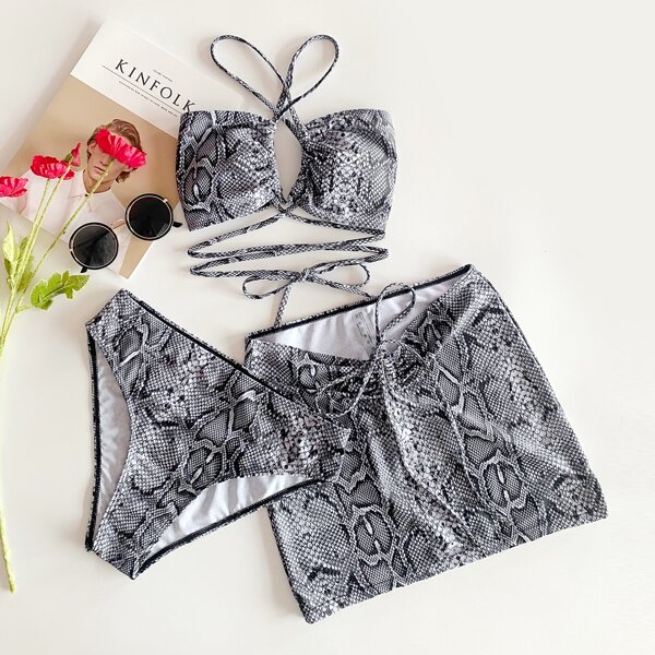 

3pack Snakeskin Print Bikini Swimsuit & Beach Skirt, Black