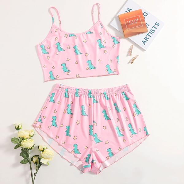 

Plus Star And Cartoon Graphic Pajama Set, Baby pink