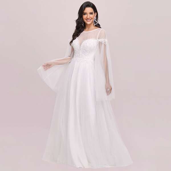 

Cloak Sleeve Embroidery Detail Mesh Overlay Dress, White