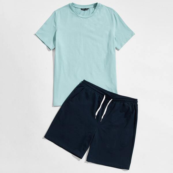 

Men Color Block Tee & Drawstring Track Shorts PJ Set, Multicolor