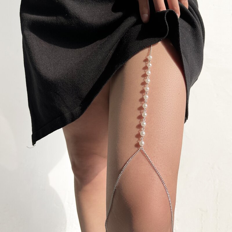 

Faux Pearl Beaded Thigh Chain, Silver