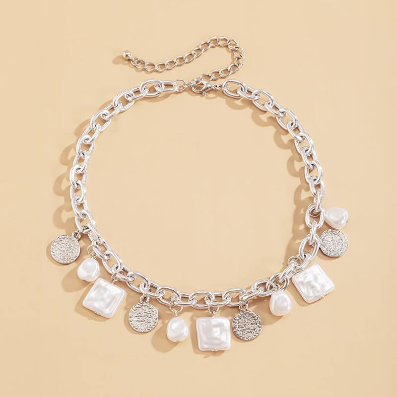 

Faux Pearl & Coin Chain Necklace, Silver