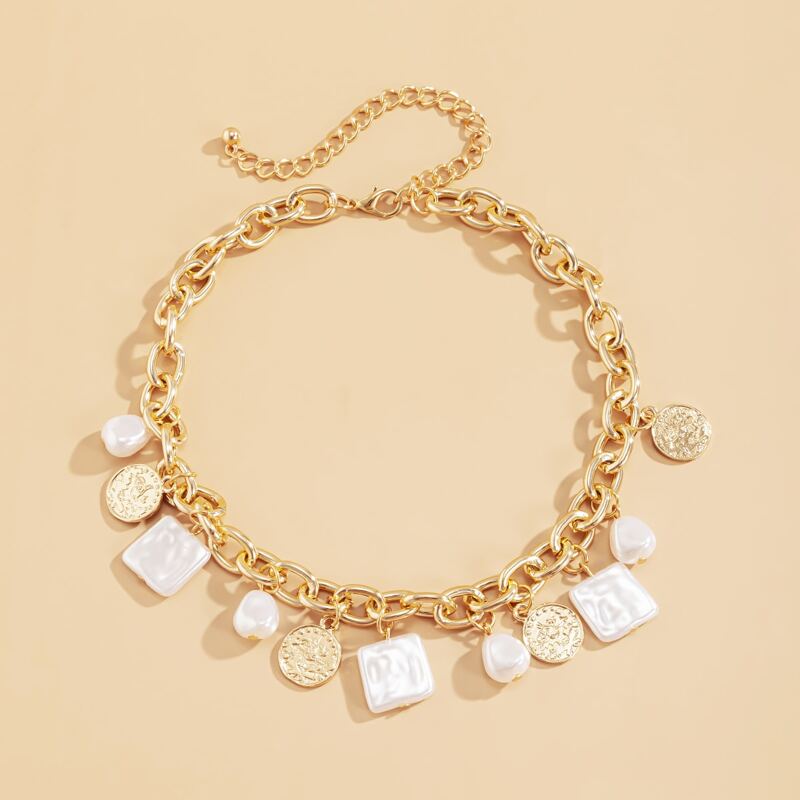 

Faux Pearl & Coin Chain Necklace, White