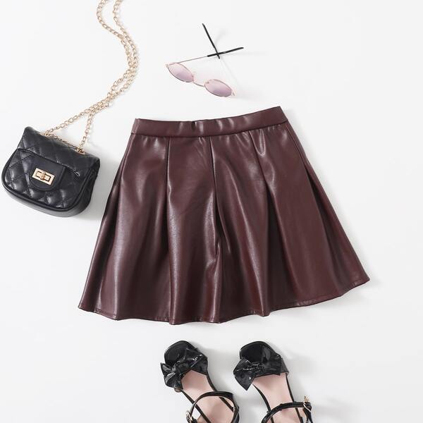 

Girls PU Leather Pleated Skirt, Chocolate brown