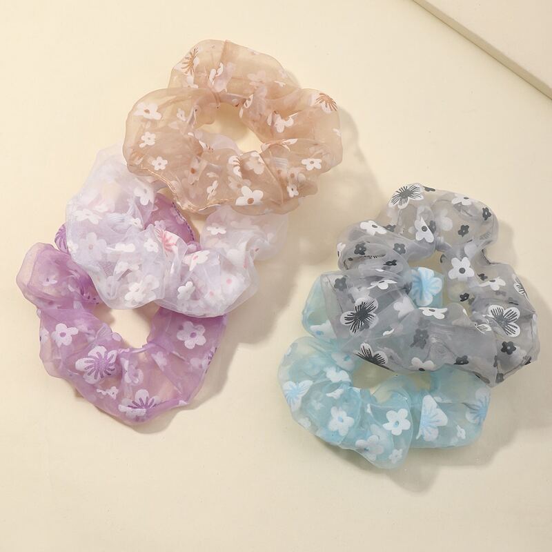 

5pcs Floral Mesh Scrunchie, Multicolor