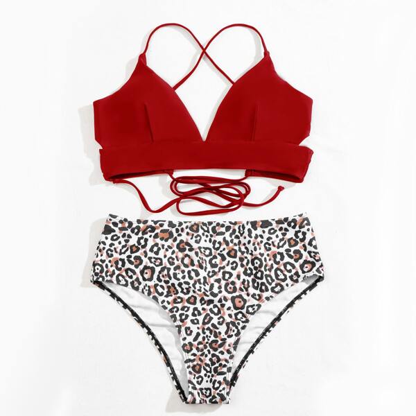 

Leopard Tie Back High Waisted Bikini Swimsuit, Multicolor