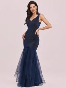 EVERPRETTY Mesh Ruffle Hem Glitter Prom Dress