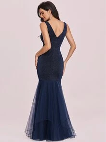 EVERPRETTY Mesh Ruffle Hem Glitter Prom Dress