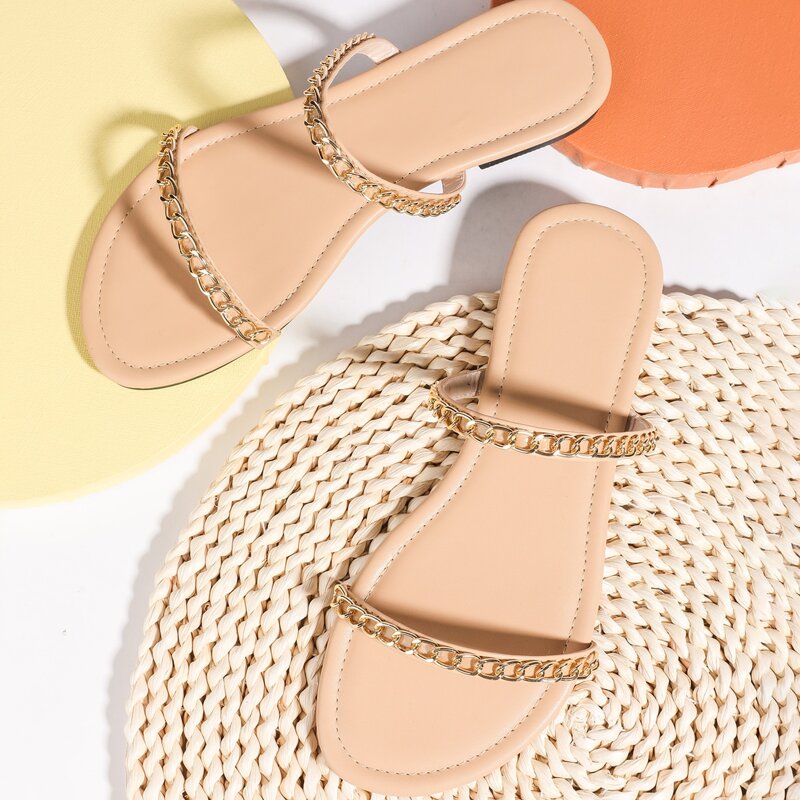 

Chain Strap Slide Sandals, Apricot