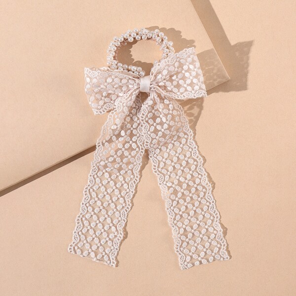 

Faux Pearl Decor Scarf Hair Tie, White