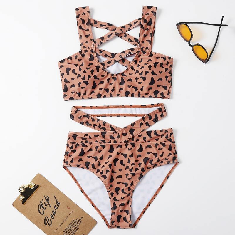 

All Over Print Criss Cross Bikini Swimsuit, Multicolor