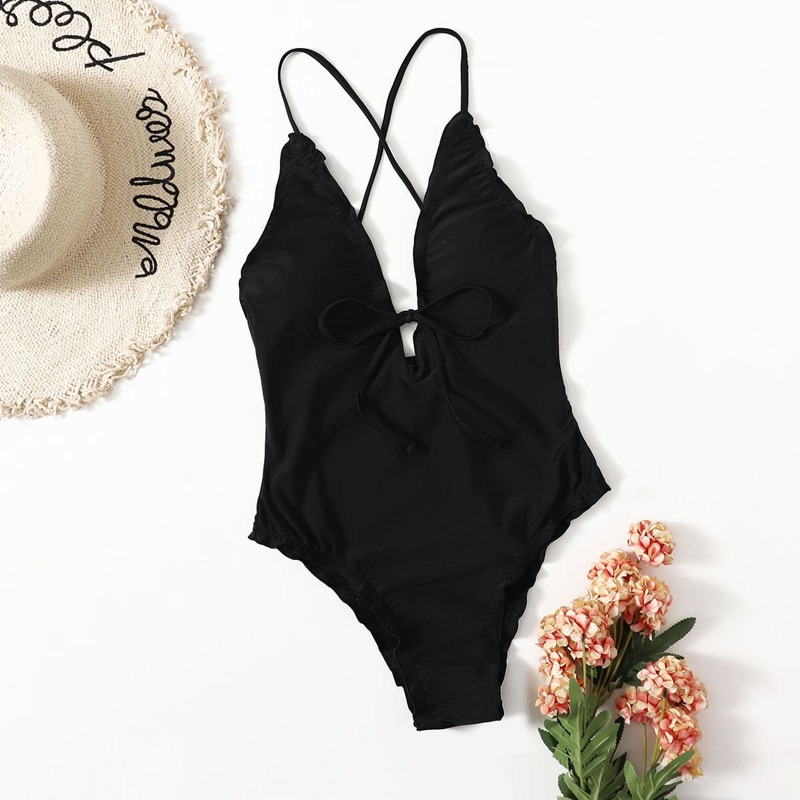 

Frill Trim Bow Knot One Piece Swimsuit, Black