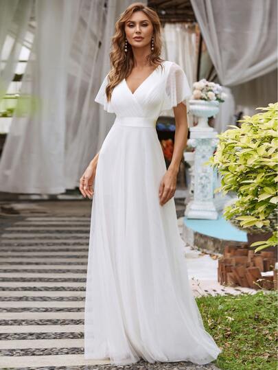 EVERPRETTY Elegant V-Neck Backless Ruched Mesh Prom Dress, Bridesmaid Dress, Wedding Guest Dress, Engagement Dress, Summer White Dress Spring Fall