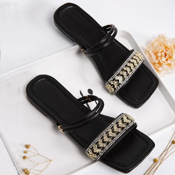 

Rhinestone Decor Slide Sandals, Black