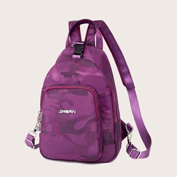 

Metal Decor Camo Print Sling Bag, Purple