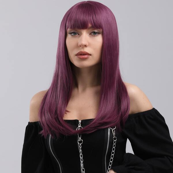 

Natural Long Straight Wig With Bangs, Purple