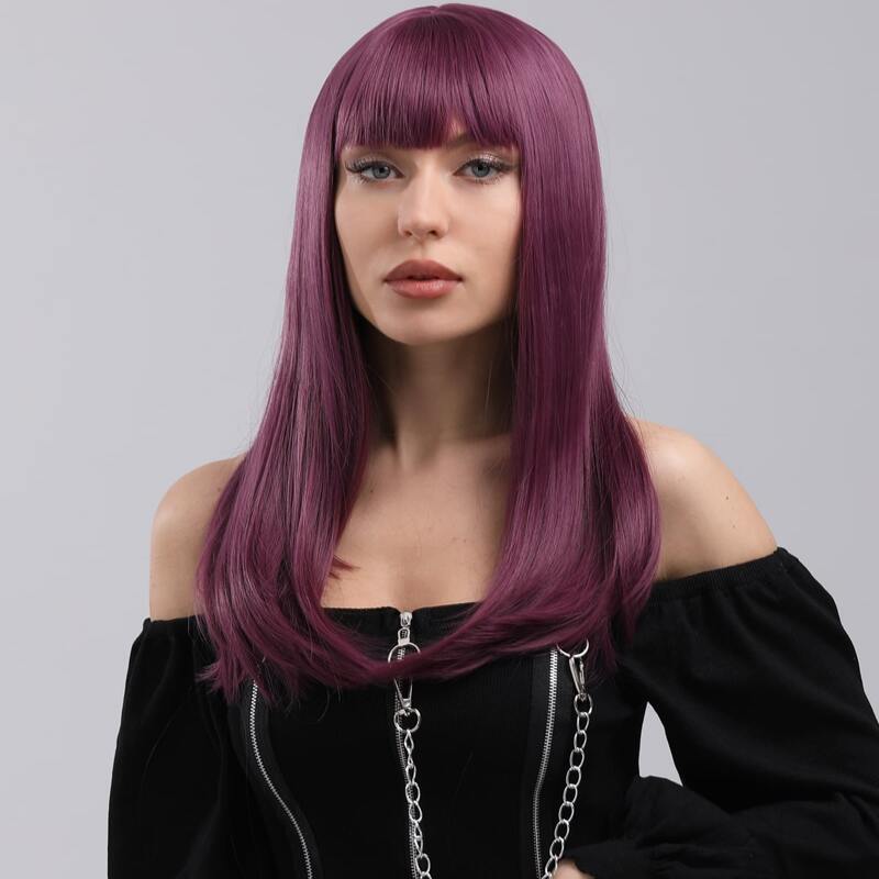 Natural Long Straight Wig With Bangs, Purple