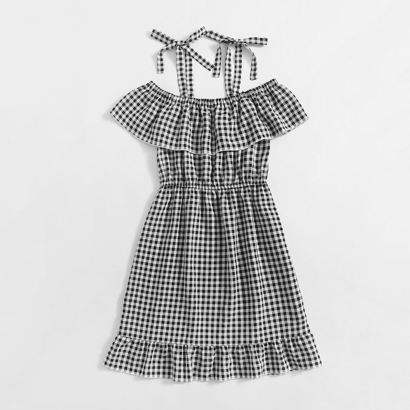 

Gingham Ruffle Dress, Black and white
