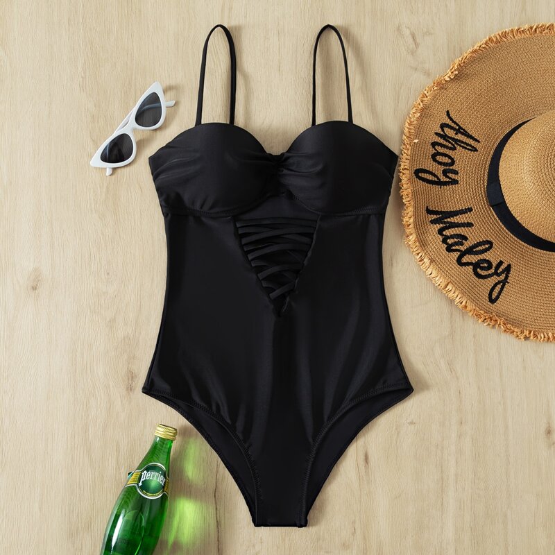 

Ruched Crisscross One Piece Swimsuit, Black