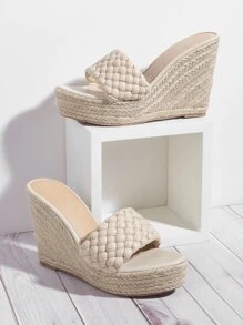 Braided Espadrille Mule Wedges - Beige - View 1