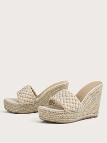 Braided Espadrille Mule Wedges - Beige - View 2