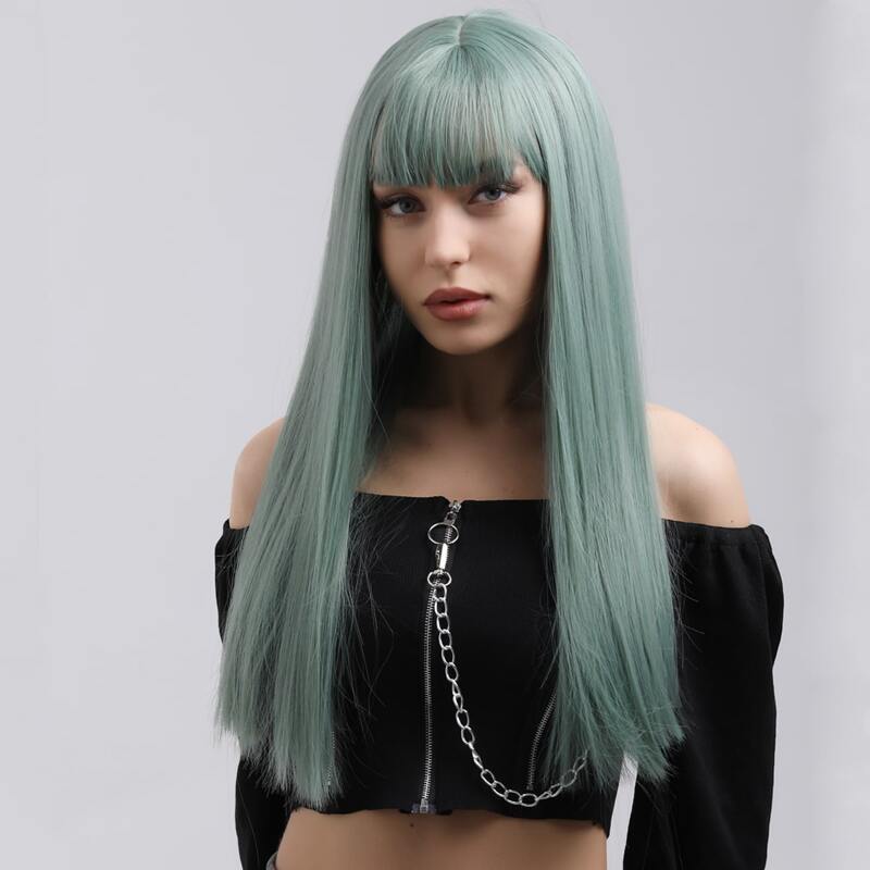 

Natural Long Straight Wig With Bangs, Green