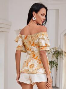 Mulvari Off The Shoulder Floral Print Layered Sleeve Blouse - Multicolor - View 2