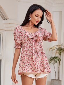 Mulvari Allover Floral Print Tie Front Blouse - Pink - View 3