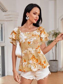 Mulvari Off The Shoulder Floral Print Layered Sleeve Blouse - Multicolor - View 5