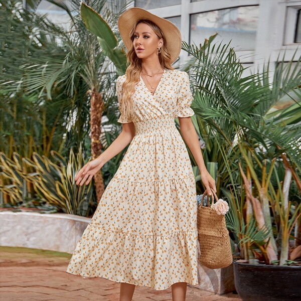 

Ditsy Floral Flounce Hem Dress, Apricot