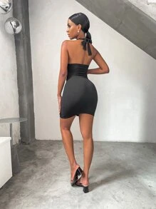Solid Peekaboo Halter Dress - Black - View 2