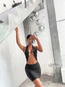 Solid Peekaboo Halter Dress - Black - View 3