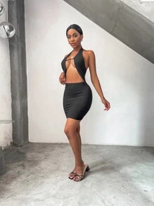 Solid Peekaboo Halter Dress - Black - View 6