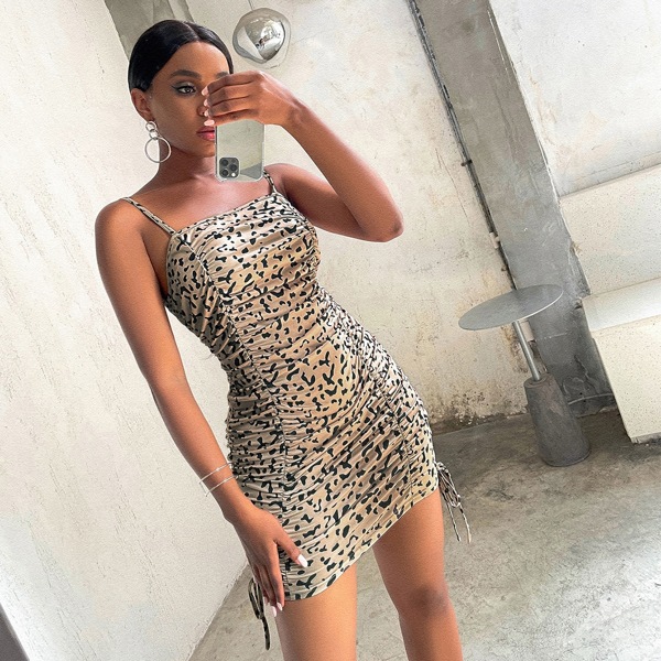 

All Over Print Drawstring Side Cami Bodycon Dress, Multicolor