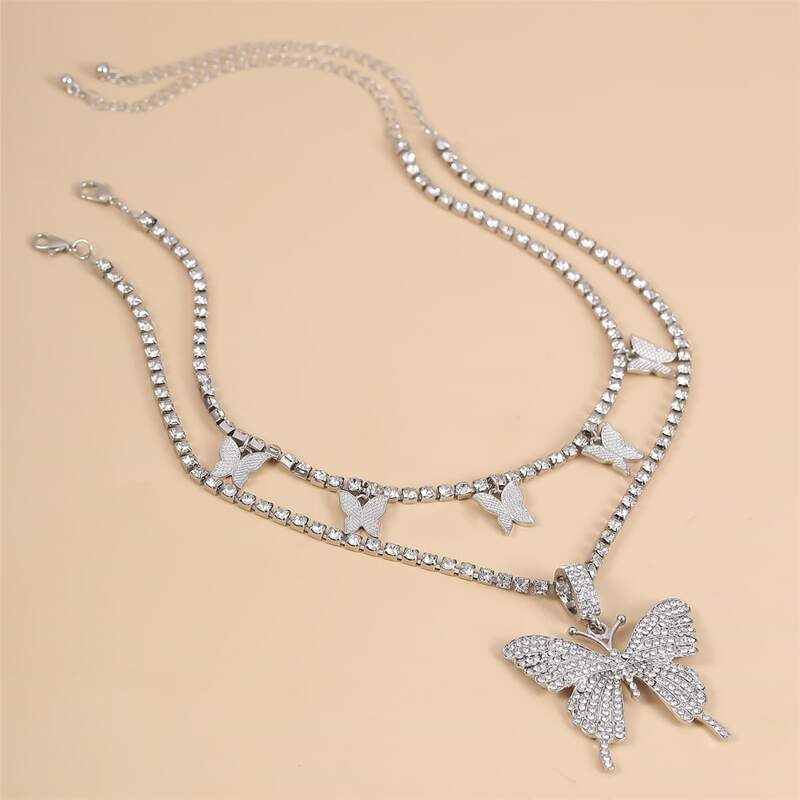 

2pcs Rhinestone Butterfly Charm Necklace, Silver